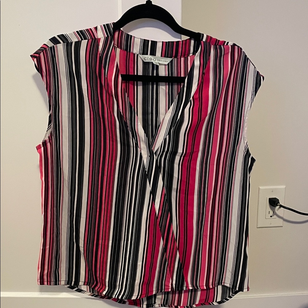 Cleo Striped V-Neck Blouse - Pink, Black, White